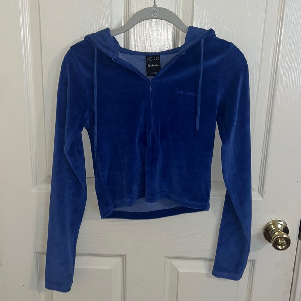 Royal blue velvet cropped hoodie